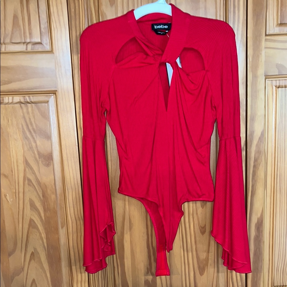 Bebe Red Tie Front Long Sleeve Bodysuit
